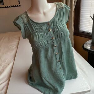 Edge Green Smocked Button-Down Women's Top Rayon Blouse with Lace Seafoam Small